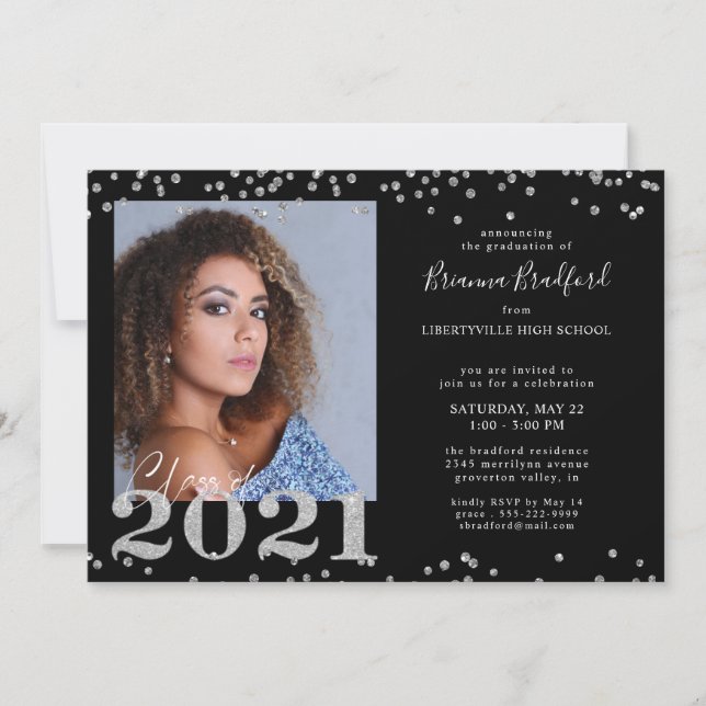 Studenten Script 2021 Silver Glitter Photo Black Inbjudningar (Framsida)