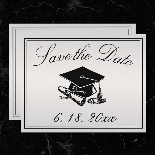Studenten Silver Black Cap Diploma Spara datum Meddelande (Silver Save the date Graduation Announcement)