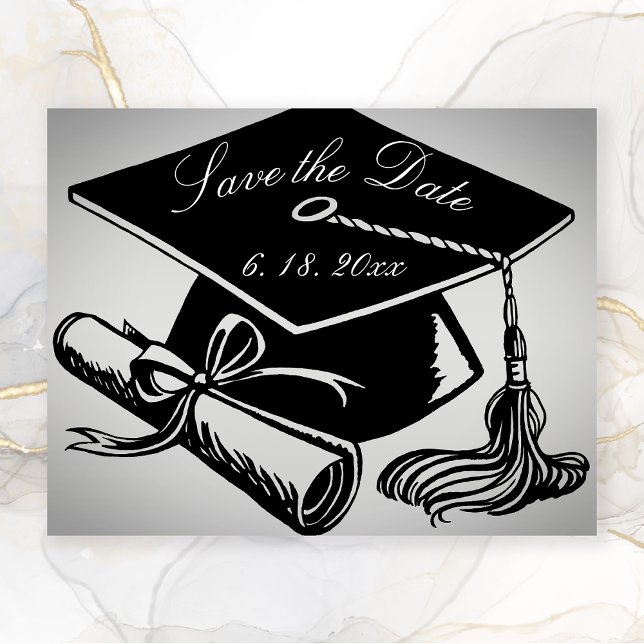 Studenten Silver Black Cap Diploma Spara datum Meddelande (Graduation SAve the Date Silver with Black graduation cap and diploma)