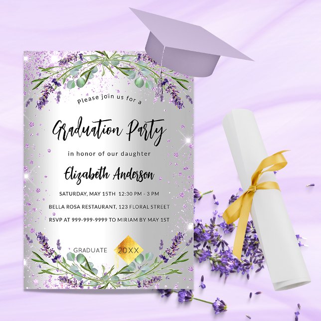 Studenten silver lavender eucalyptus blommigt inbjudan vykort (Skapare uppladdad)