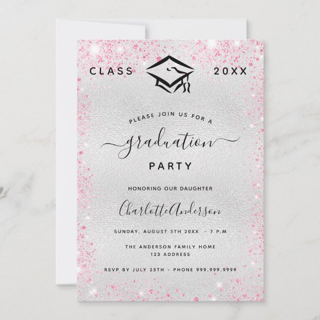 Studenten silver rosa glitter inbjudningar (Framsida)