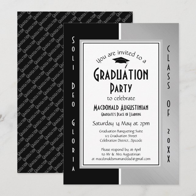 STUDENTEN Soli Deo Gloria Black Silver Grått Inbjudningar (Fram/baksida)