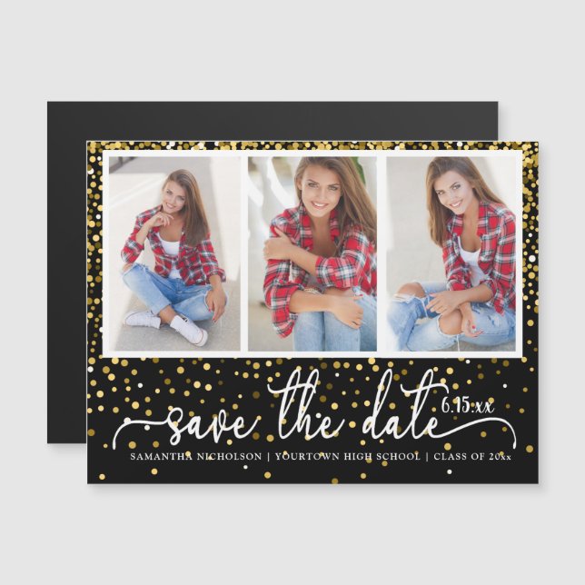 Studenten Spara 4 Foto Guld Glitter Black Magnetisk Inbjudningskort (Fram/baksida)