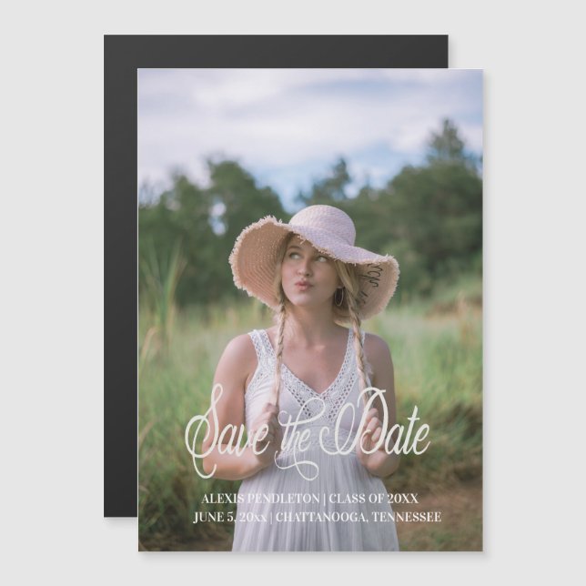 Studenten Spara Date Whimsical Script Girl Photo Magnetisk Inbjudningskort (Fram/baksida)