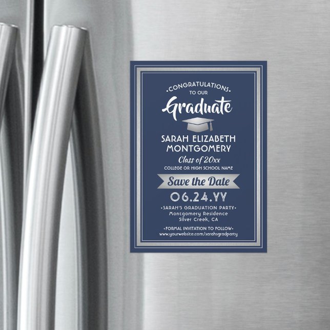 Studenten Spara datum, blått och vitt Magnetisk Inbjudningskort (Skapare uppladdad)