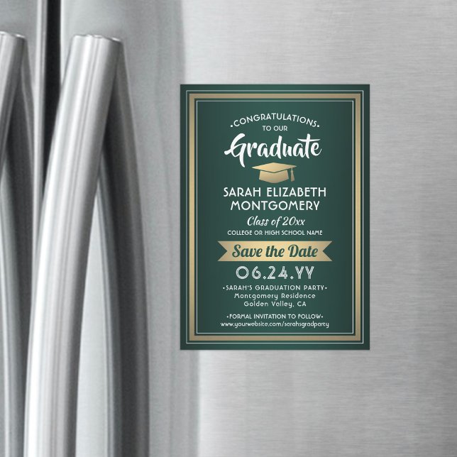 Studenten Spara datum Elegant Grönt Vita Guld Magnetisk Inbjudningskort (Skapare uppladdad)