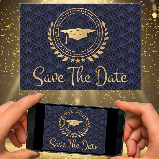 Studenten Spara datum Guld Cap Art Deco Blue Spara Datumet (Graduation Save The Date Digital or Paper Art Deco Gold Blue Colors)