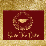 Studenten spara datum Guld Grad Cap Red Spara Datumet<br><div class="desc">Jag tycker om att designa konstverk för studenten. Detta är ett modernt, enkelt och elegant klassiskt kort för guld och röd färgad Spara datum meddelande. Modern stil. Lägg till ditt eget meddelande på kortets baksida med ge uppgifter till din familj och dina vänner för att spara datumet för en ceremoni,...</div>