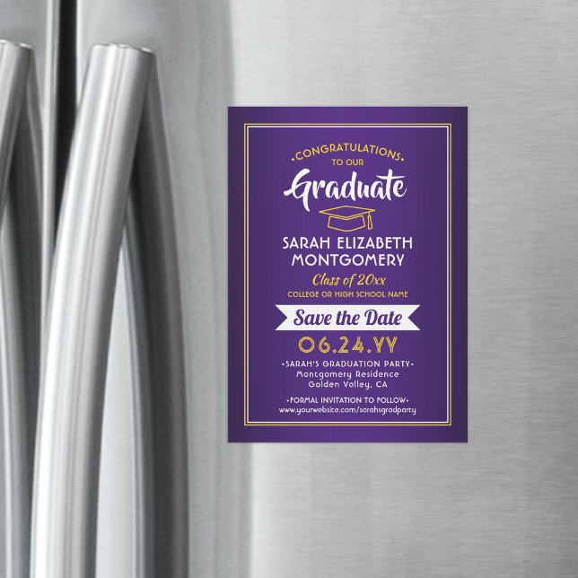 Studenten Spara datum Lila och Guld Gult Magnetisk Inbjudningskort (Skapare uppladdad)