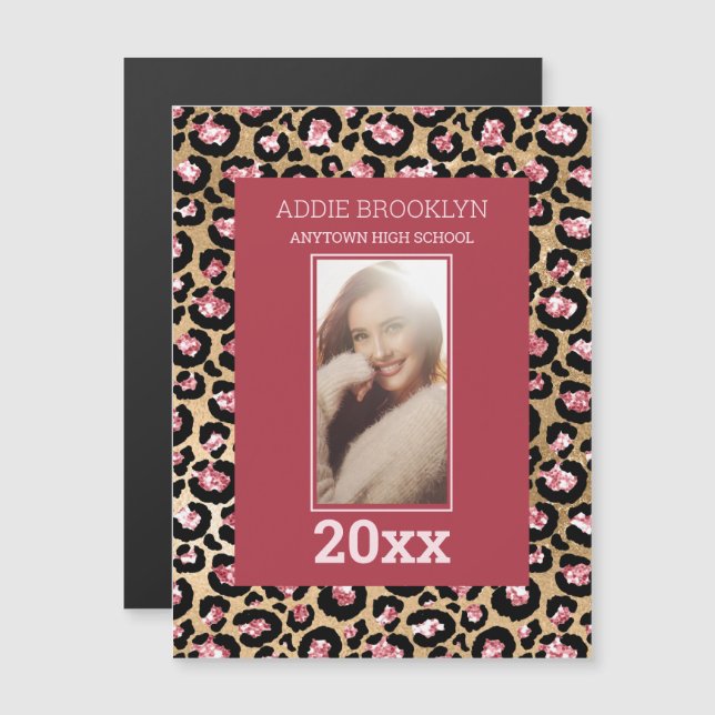 Studenten Spara Foto Rosa Black Cheetah Magnetisk Inbjudningskort (Fram/baksida)