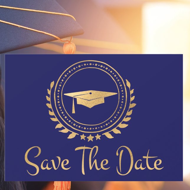 Studenten sparar datum Guld Grad Cap Blue (blått) Spara Datumet (Graduation Save The Date - Modern Blue Graduation Cap)