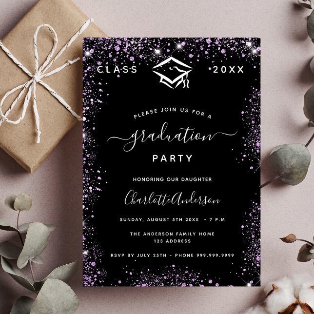 Studenten svart lila violett glitter inbjudningar (Skapare uppladdad)