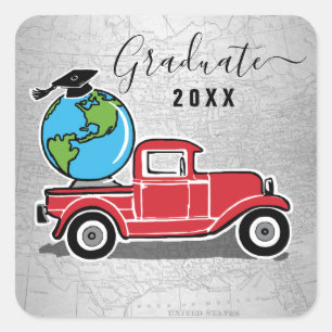 Studenten Vintage Red Lastbil Grad Cap World Globe Fyrkantigt Klistermärke
