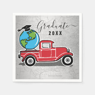 Studenten Vintage Red Lastbil Grad Cap World Globe Pappersservett