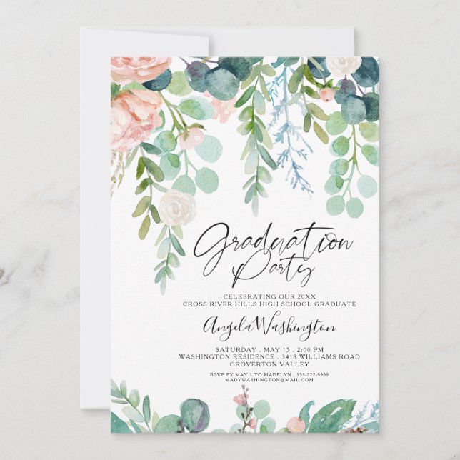 Studenten Watercolor Greenery Chic Script Party Meddelande (Framsida)