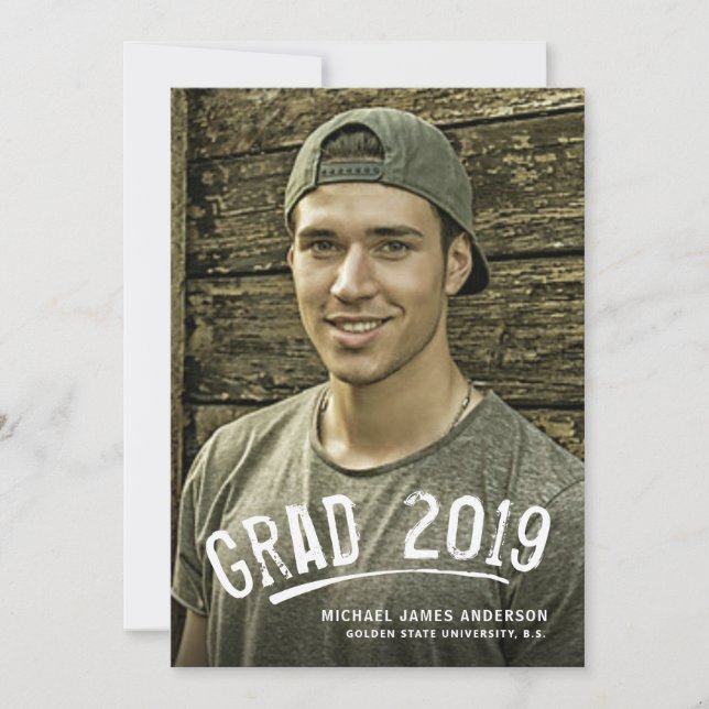 Studenten White Grunge Lettered Photo Announcment Meddelande (Framsida)