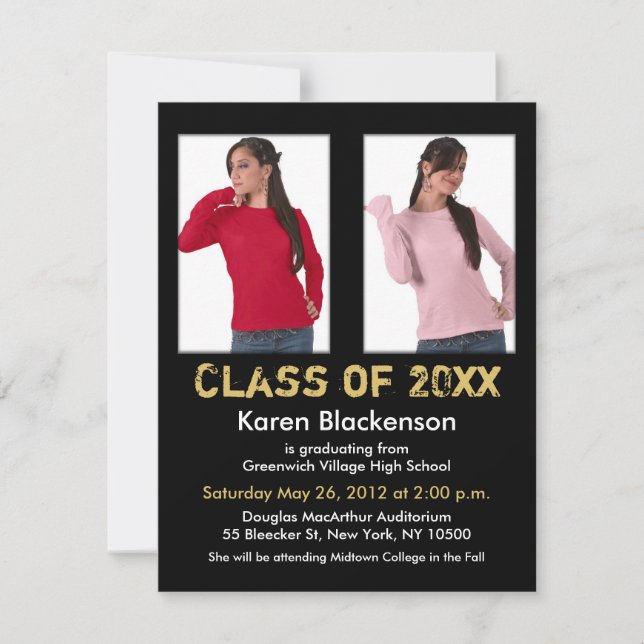 Studenteninbjudan tillfogar 2 avbildar svart guld inbjudningar (Framsida)