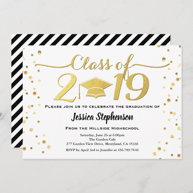 Studenteninbjudan. Vit och svart för Faux guld- Inbjudningar (Fram/baksida)