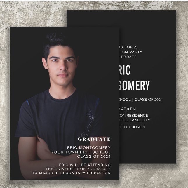 Studentexamen 2024 Pojkarnas examensfest Foto  Inbjudningar (Black white photo graduation announcement/invitation for the class of 2024)
