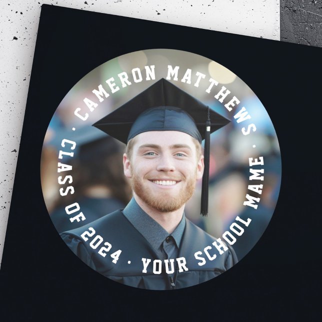 Studentexamen fullfoto modern  runt klistermärke (Student graduation full photo modern classic round sticker)