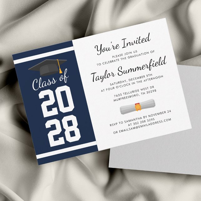 Studentfest 2025: Blåvita Student Inbjudningar (Graduation 2024 Navy Blue Typography Script Party Invitation)
