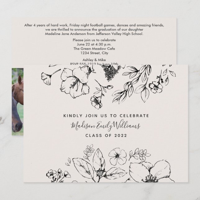 Studentfest 3 Photo Botanical Script Inbjudningar (Fram/baksida)