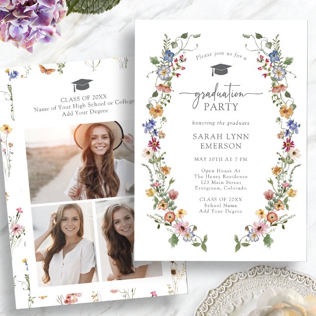 Studentfest av färgämnen för Wildblomma Inbjudningar (Colorful Watercolor Wildflower Graduation Party Invitation by Painted Paperie
)