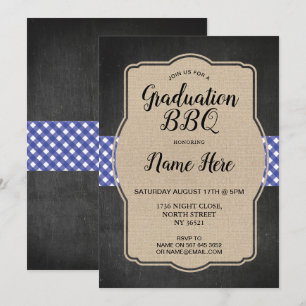 Studentfest BBQ Inbjudan Blue Gingham Burlap