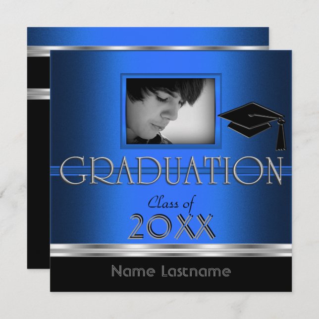 Studentfest Black Silver Blue Photo Boy Male Inbjudningar (Fram/baksida)
