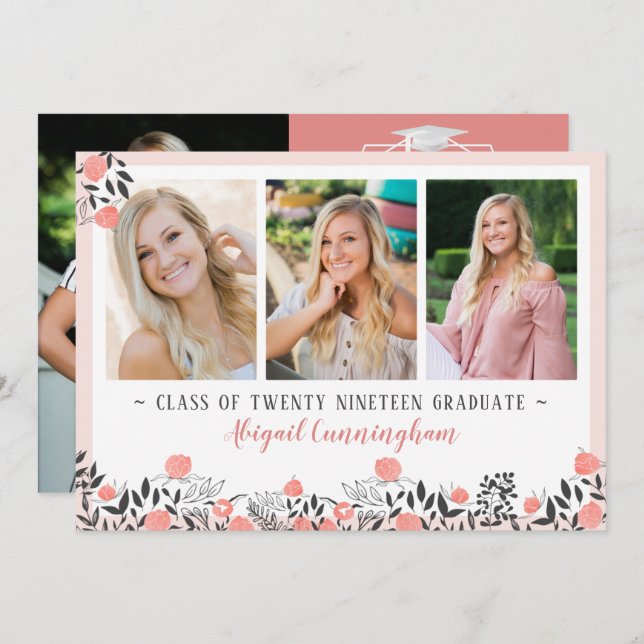 Studentfest Blommigt Geometric Ro Guld  Inbjudningar (Fram/baksida)