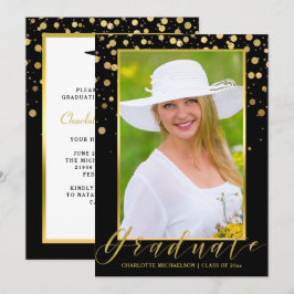 Studentfest Elegant Black Photo Guld Confetti Inbjudningar