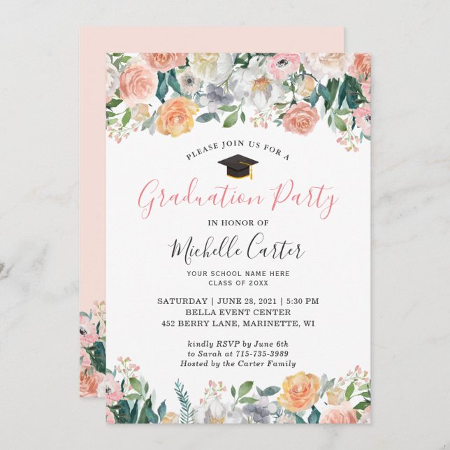 Studentfest Elegant Garden Bloom Ro Blommigt Inbjudningar (Fram/baksida)