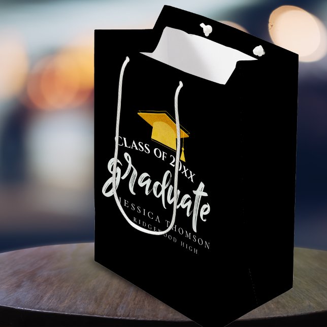 Studentfest för Black & Guld Grad Hat (Black & Gold Grad Hat Graduation Party Favor Medium Gift Bag)