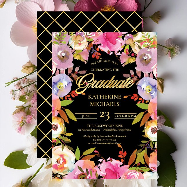 Studentfest för Blommigt av briljant blommomatfärg Inbjudningar (Brilliant Bloom Watercolor Floral Graduation Party Invitation with Faux Foil Accents Print | Digital)