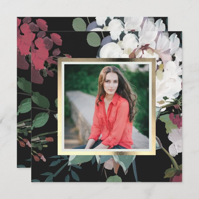 Studentfest för Blommigt av elegant Mörk, foto Inbjudningar (Fram/baksida)