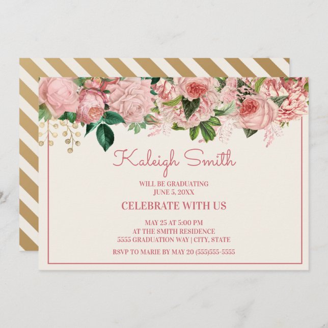 Studentfest för Blommigt av  Rosa för elegant Inbjudningar (Fram/baksida)