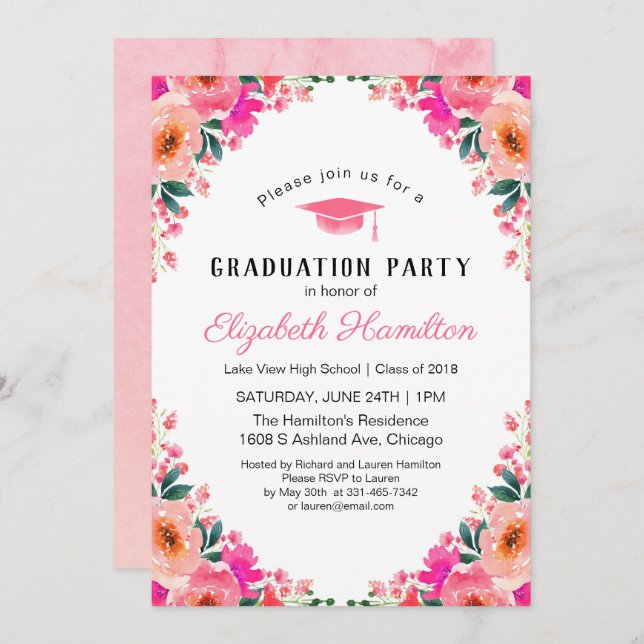 Studentfest för Blommigt av Rosa vattenfärg Inbjudningar (Fram/baksida)