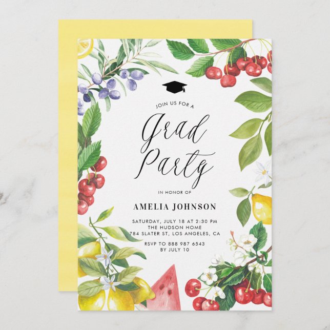 Studentfest för Blommigt av sommarfrukt med vatten Inbjudningar (Fram/baksida)