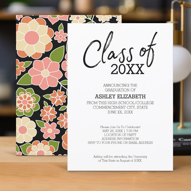 Studentfest för Blommigt av tilläggsår Inbjudningar (Graduation Invitation - Retro Funky)