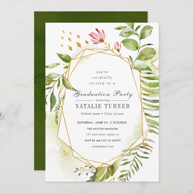 Studentfest för Blommigt av vattenfärg, Grönt av f Inbjudningar (Fram/baksida)