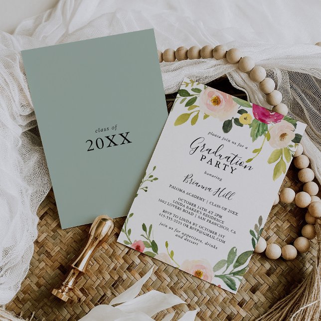 Studentfest för  Blommigt i Greenery Rosa Inbjudningar (Skapare uppladdad)