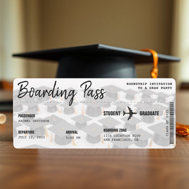 Studentfest för boardingkortets grad inbjudningar (Boarding Pass Grad Cap Graduation Party Invitation
)