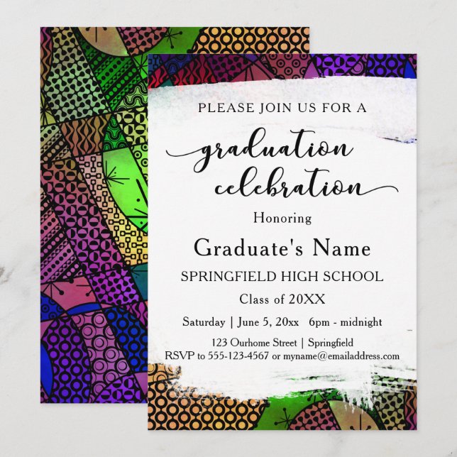 Studentfest för Bright Colorful Geometric Mönster Inbjudningar (Fram/baksida)