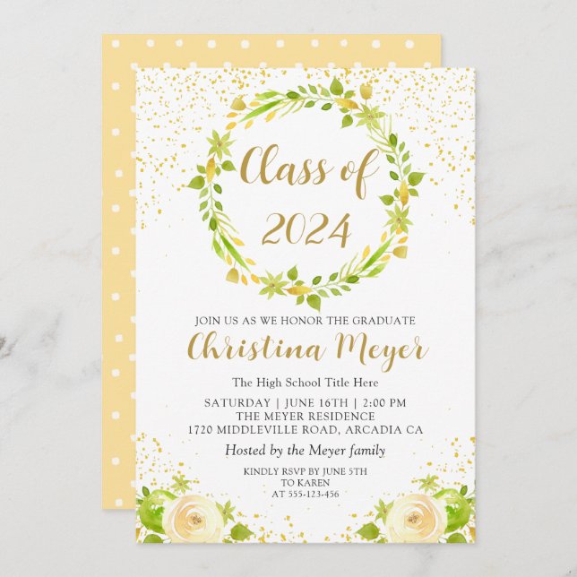 Studentfest för Bright Gult Blommigt Garden Inbjudningar (Fram/baksida)