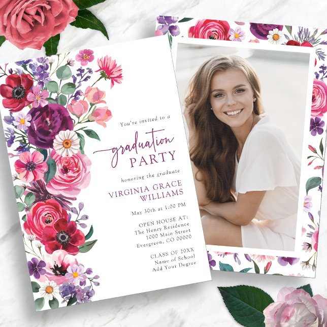 Studentfest för färgstark Blommigt Inbjudningar (Colorful Watercolor Floral Photo Graduation Party Invitation by Painted Paperie
)