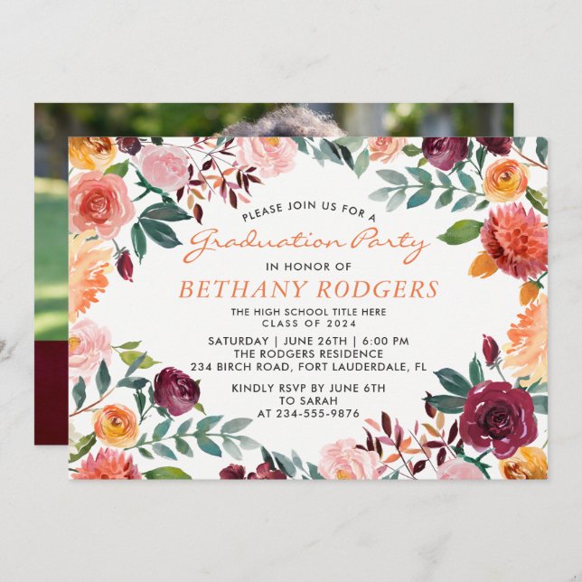 Studentfest för  för vattenfärg Burgundy-Blommigt  Inbjudningar (Fram/baksida)