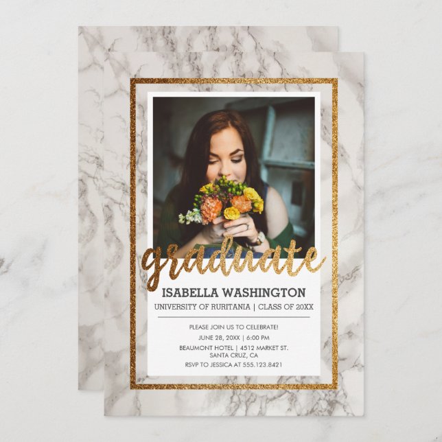 Studentfest för foto för guld- & marmortypografi | inbjudningar (Fram/baksida)