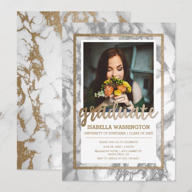 Studentfest för foto i Guld Marble Script Glitter Inbjudningar (Fram/baksida)