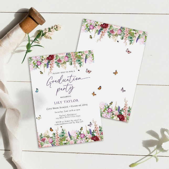 Studentfest för Lila av elegantens Rosa Blommigt Inbjudningar (Skapare uppladdad)