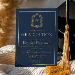 Studentfest för marin blå Guld-monogram Vapensköld Inbjudningar